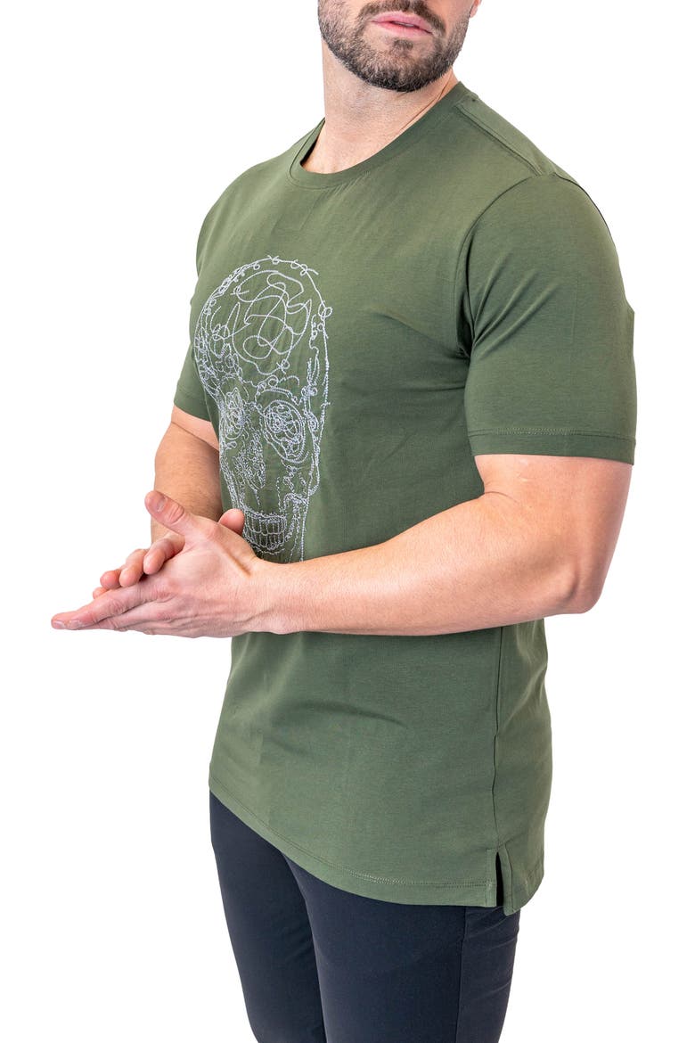 Screbbleskull Armygreen Embroidered Skull Stretch Cotton T-Shirt, Alternate, color, GREEN