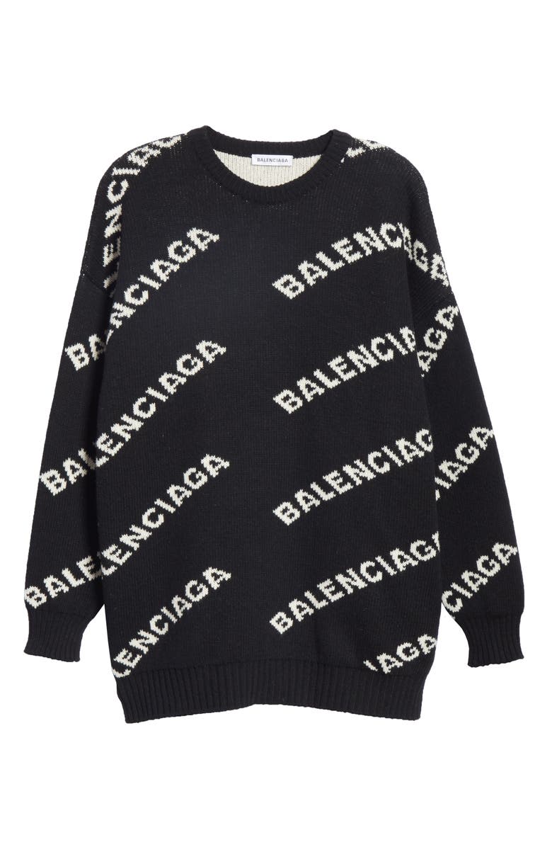 Balenciaga Logo Knit Wool Blend Sweater, Alternate, color, Black/ White