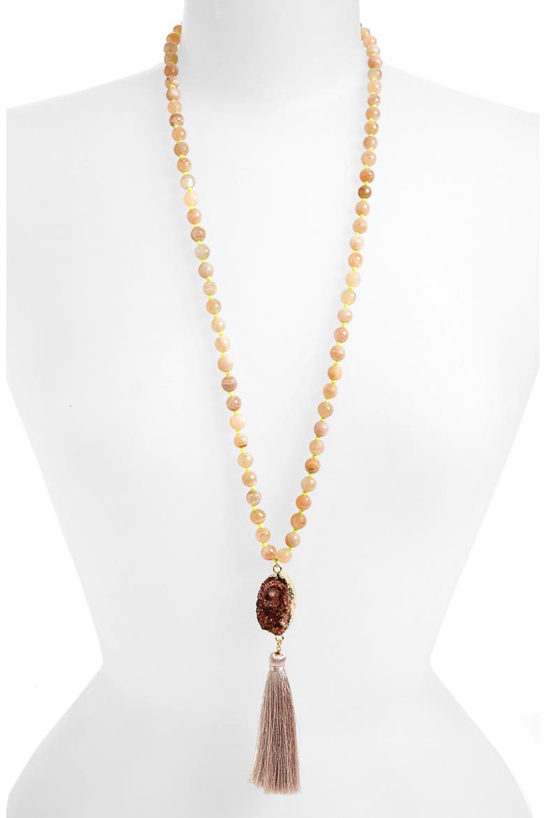 Drusy Stone Tassel Pendant Necklace, Main, color, PEACH