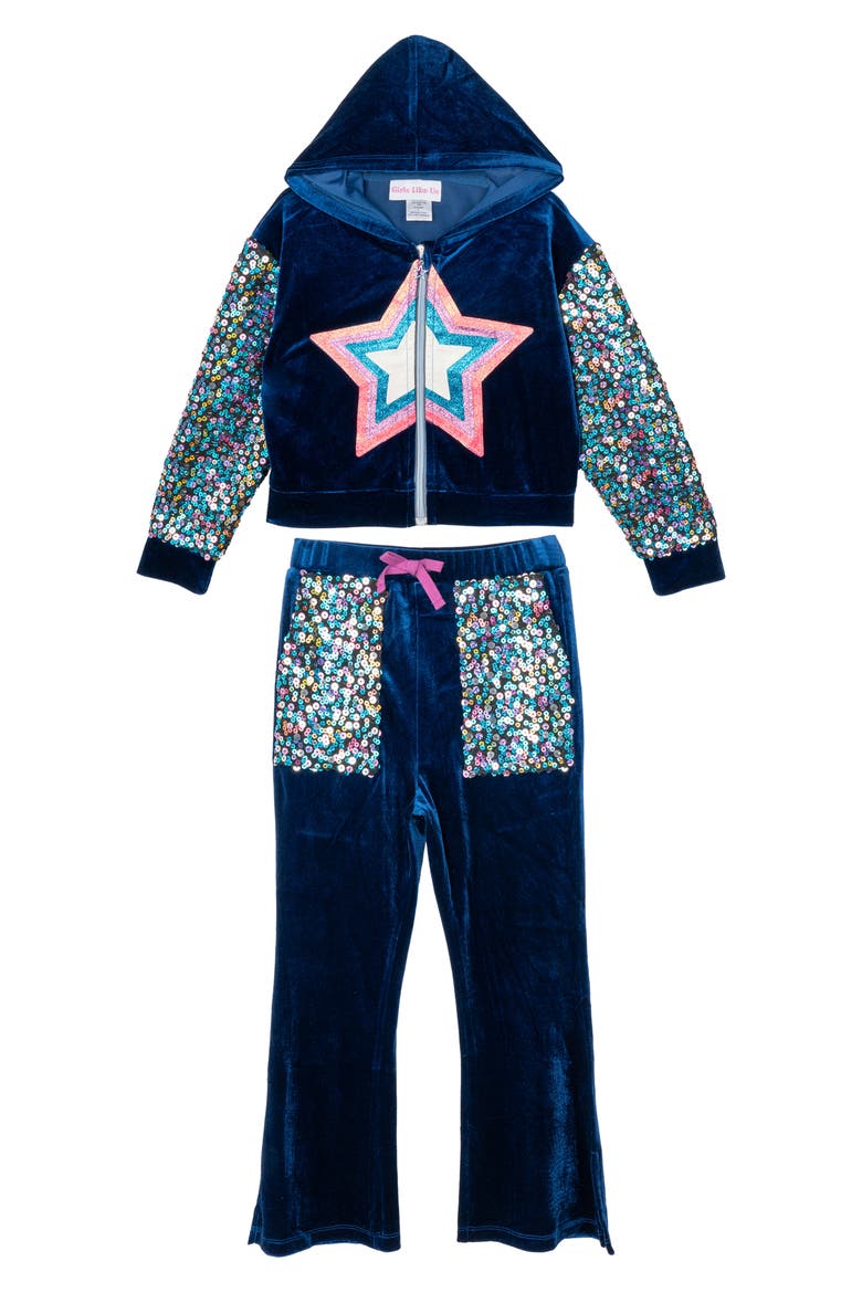 Kids' Sequin Velour Zip Hoodie & Sweatpants Set, Main, color, NAVY