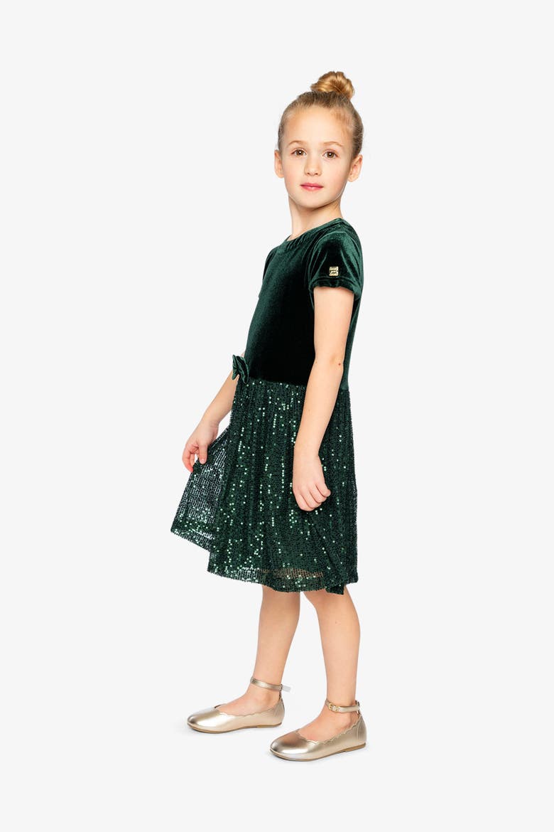 Bi-Material Bow Belt Glitter Mesh Short Sleeve Dress, Alternate, color, Green Forest