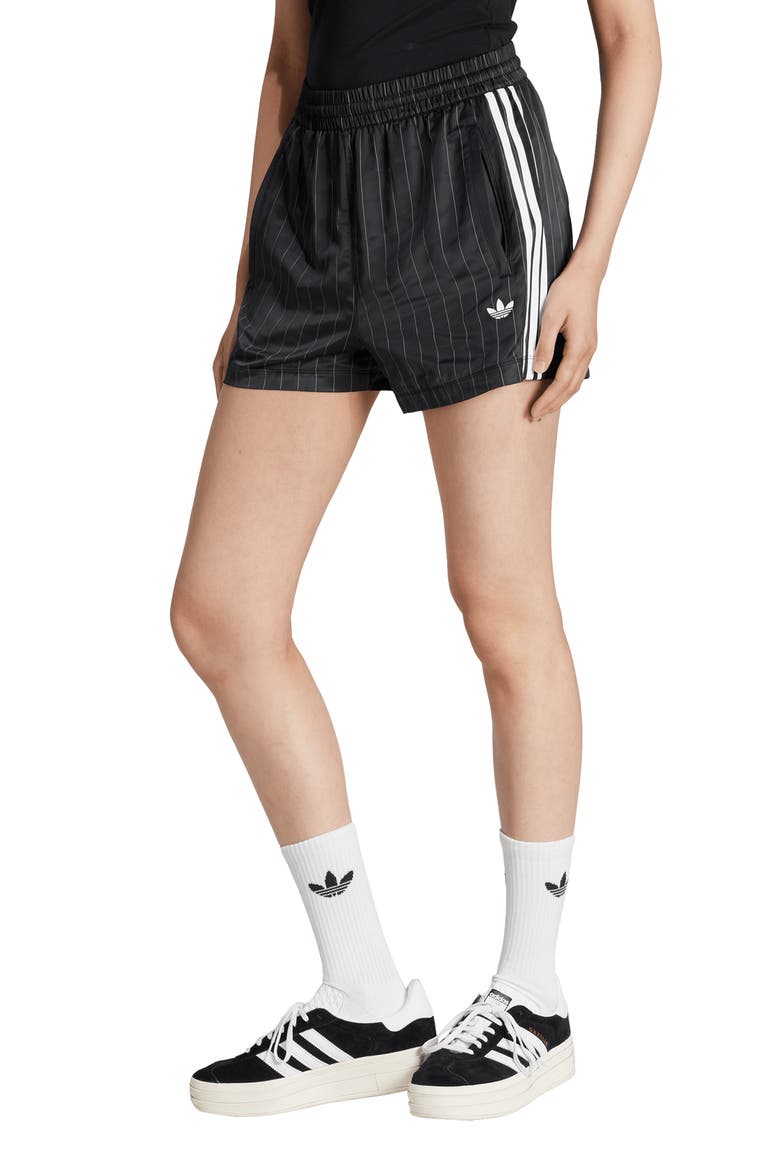3-Stripes Pinstripe Satin Shorts, Main, color, BLACK