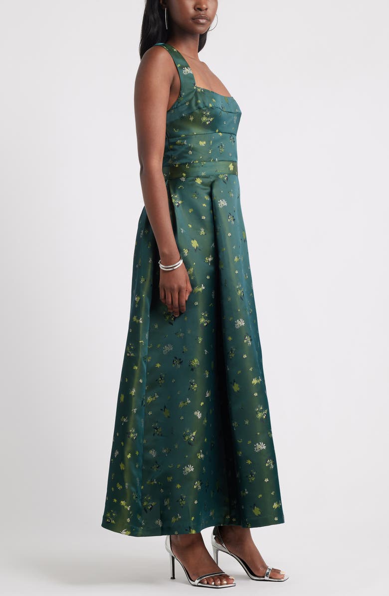 Pleated Seamed Bodice Jacquard Maxi Cocktail Dress