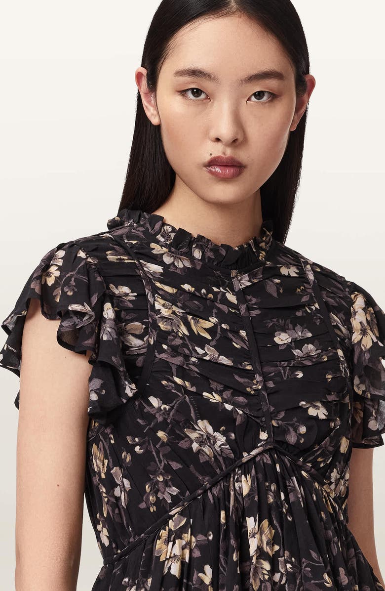 AllSaints Shaela Floral Tiered Ruffle High-Low Dress, Alternate, color, Vine Black
