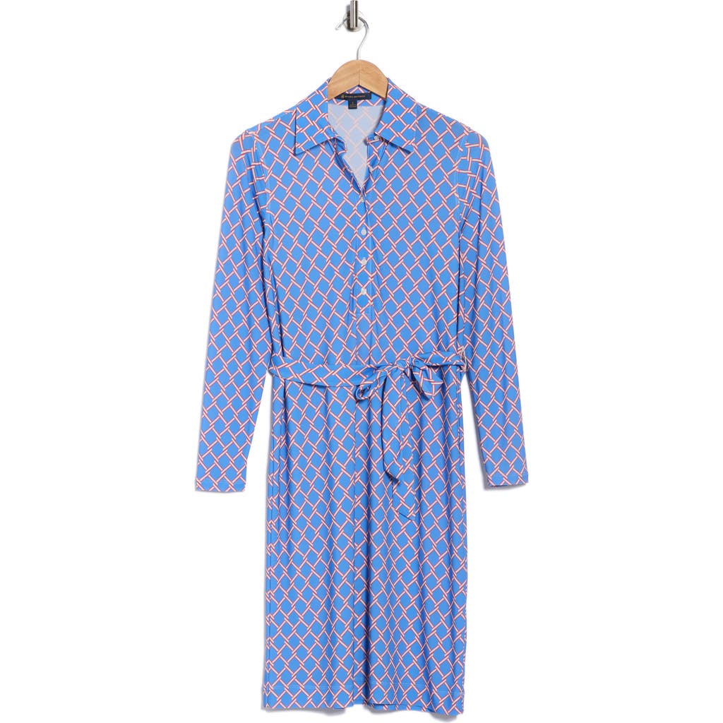 Brooks Brothers Geo Print Belted Long Sleeve Shirtdress In Blue