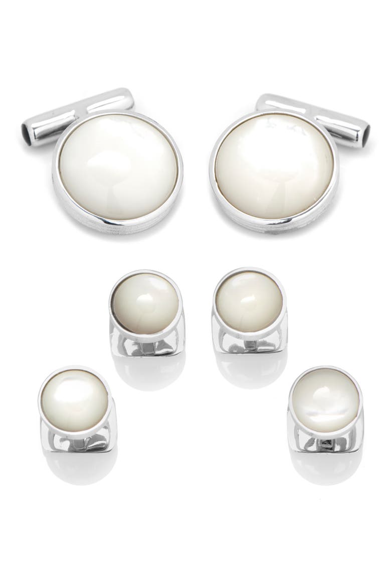 Mother-of-Pearl Cuff Links & Stud Set, Main, color, WHITE