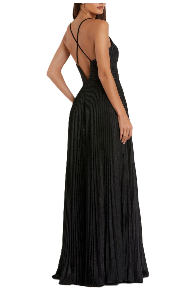 Mac Duggal Shimmer Pleated Plunge Neck Criss Cross Back Gown, Alternate, color, Black