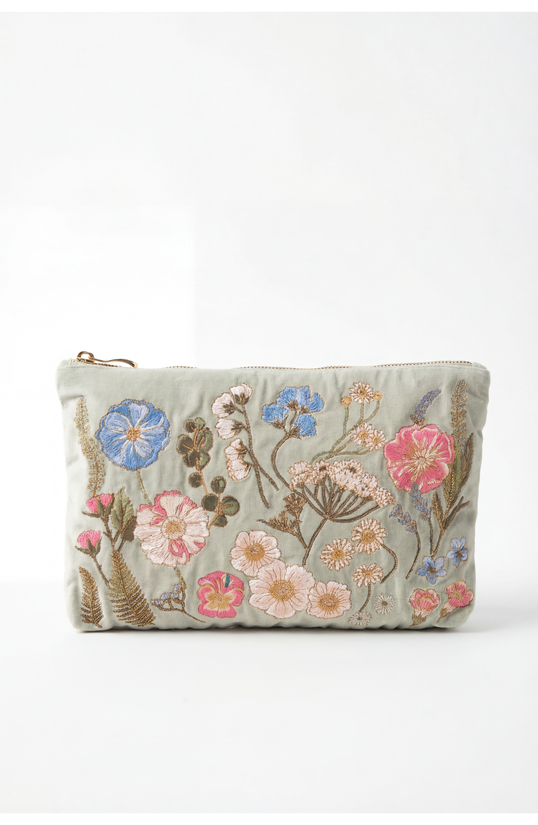 Elizabeth Scarlett Pressed Flowers Velvet Everyday Pouch, Main, color, Sage