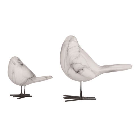 6.5 Inch White Spring Faux Marble Bird Set of 2 Decorative Objects Polyresin Home Decor