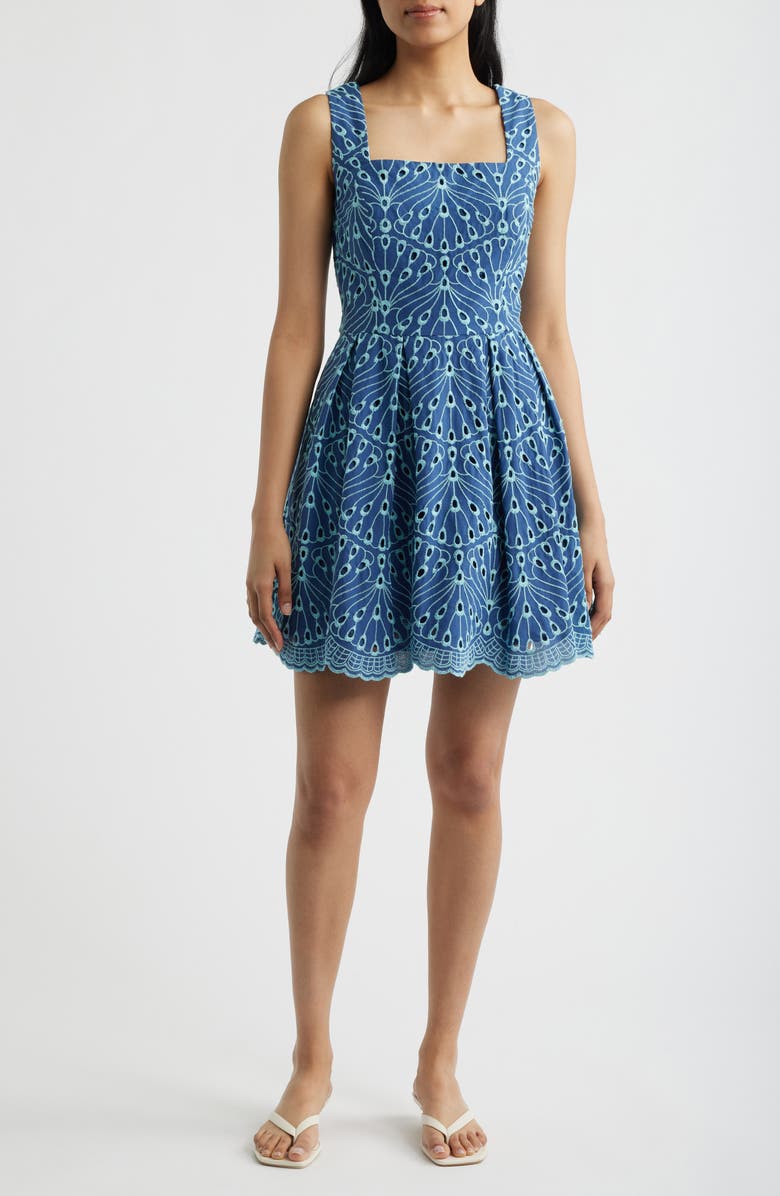 Lilly Pulitzer<sup>®</sup> Cindy Skirted Romper, Main, color, Starlight Navy X Capri Blue