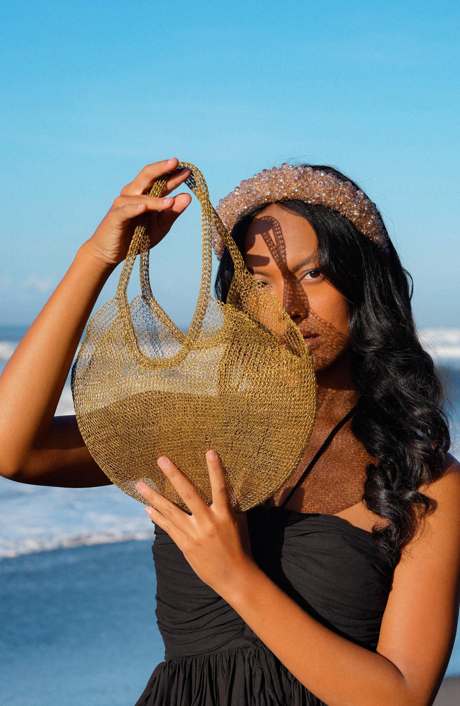 BRUNNA.CO The Sol Mesh Wire Tote Bag in Pink, Alternate, color, Gold