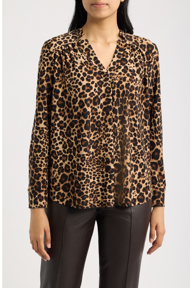 Printed Notched V-Neck Long Sleeve Top, Main, color, ANNE BLACK MULTI