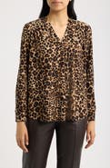 AK ANNE KLEIN Printed Notched V-Neck Long Sleeve Top