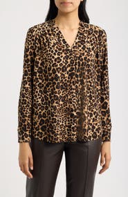 AK ANNE KLEIN Printed Notched V-Neck Long Sleeve Top