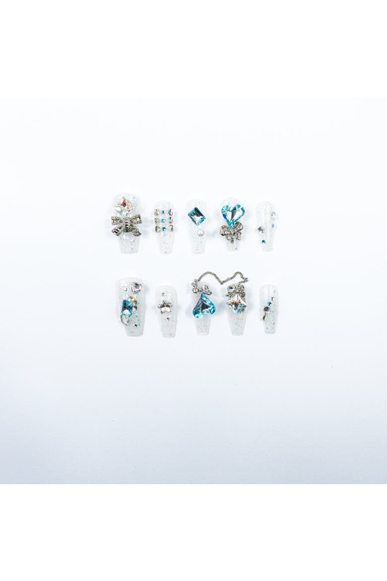 Crystal Blue Glam Luxury Handmade Press On Nails, Alternate, color, White, Teal