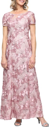Alex Evenings Petite Boat Neck Short-Sleeve A-Line Gown - Rose - Size 14P