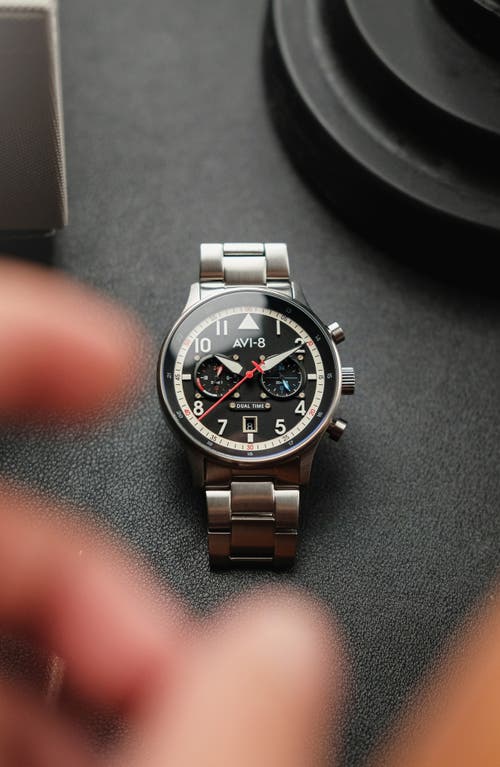 Avi-8 Men's Hawker Hurricane Carey Dual Time Rangoon Silver-tone Solid Stainless Steel Bracelet Watch 43mm In Metallic