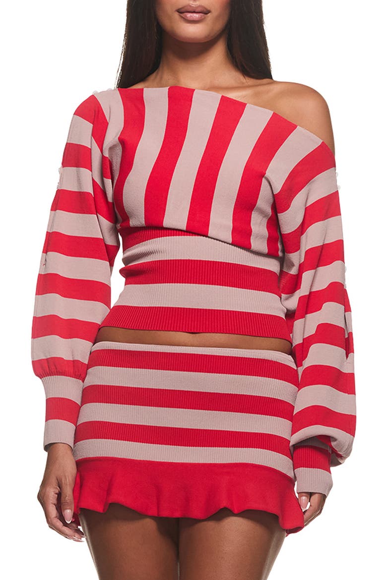 Juniper Off the Shoulder Striped Sweater, Main, color, RED AND MUSHROOM