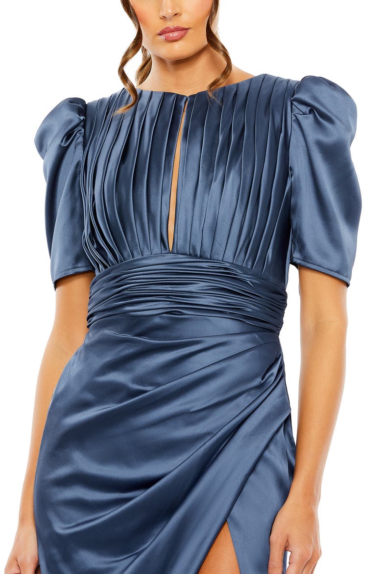 Pleated Charmeuse Dress with Puff Sleeves and Draped Waist, Alternate, color, MIDNIGHT