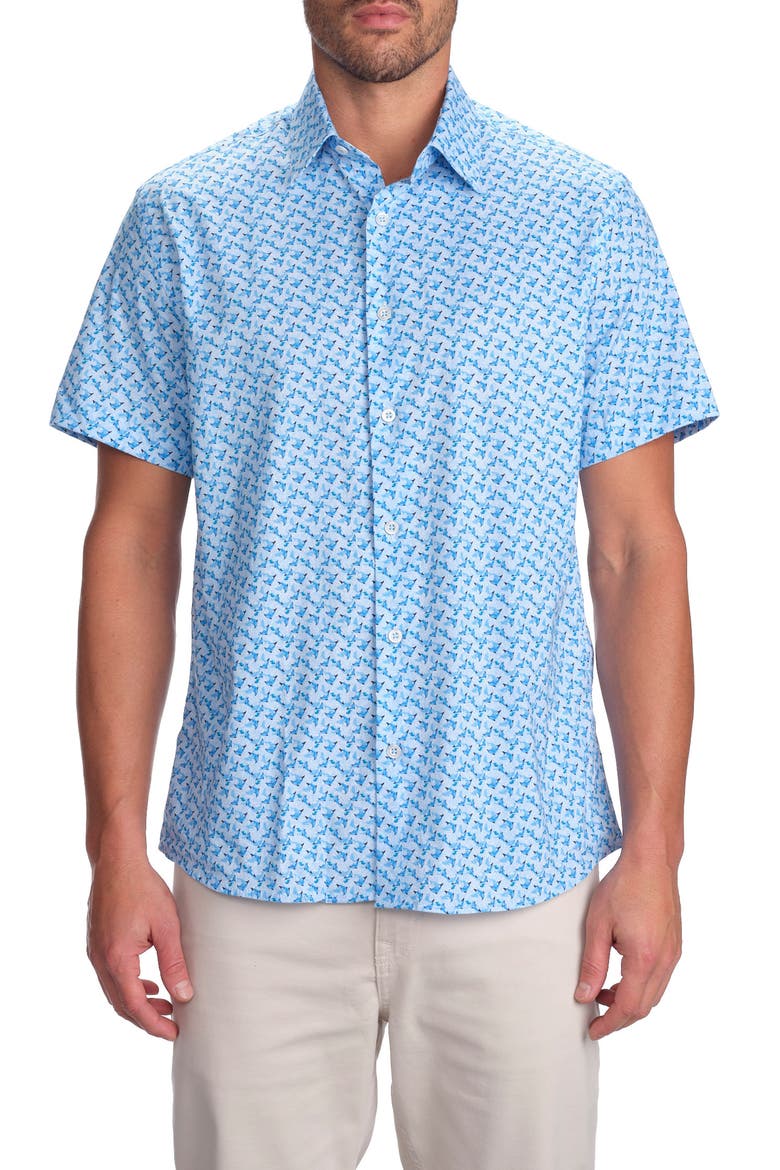 Dolphin Print Short Sleeve Cotton Button-Up Shirt, Main, color, BLUE