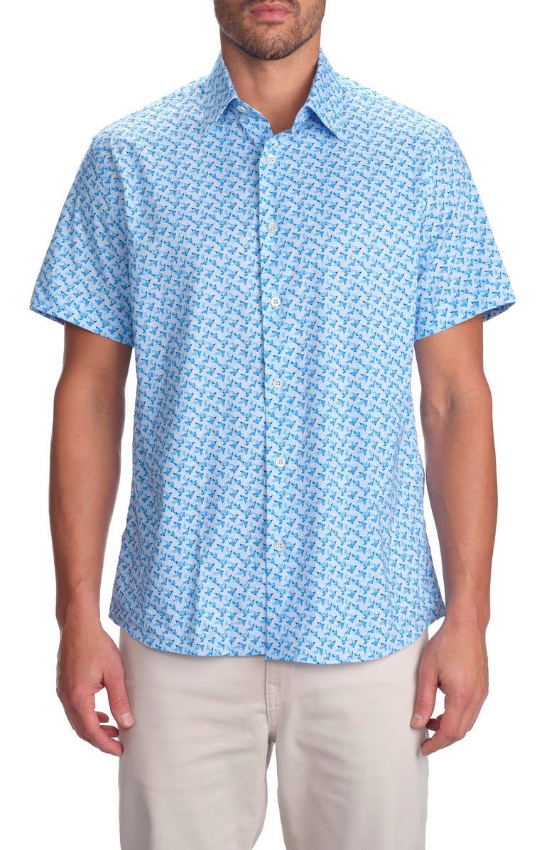 STUDIO GARNET LOS ANGELES Dolphin Print Short Sleeve Cotton Button-Up Shirt, Main, color, Blue