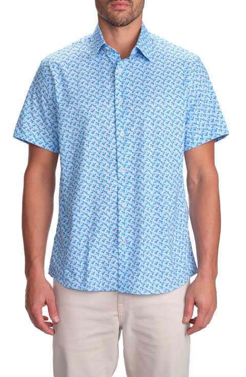 Dolphin Print Short Sleeve Cotton Button-Up Shirt