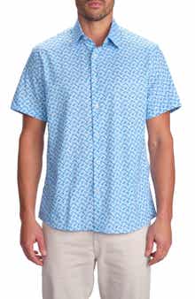STUDIO GARNET LOS ANGELES Dolphin Print Short Sleeve Cotton Button-Up Shirt