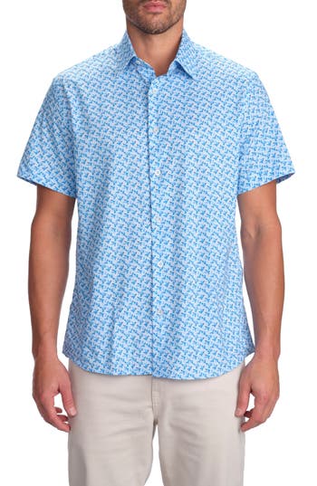 Studio Garnet Los Angeles Dolphin Print Short Sleeve Cotton Button-up Shirt In Blue