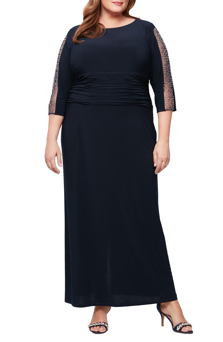 SL FASHIONS Embellished Sleeve Ruched Gown, Main, color, Navy