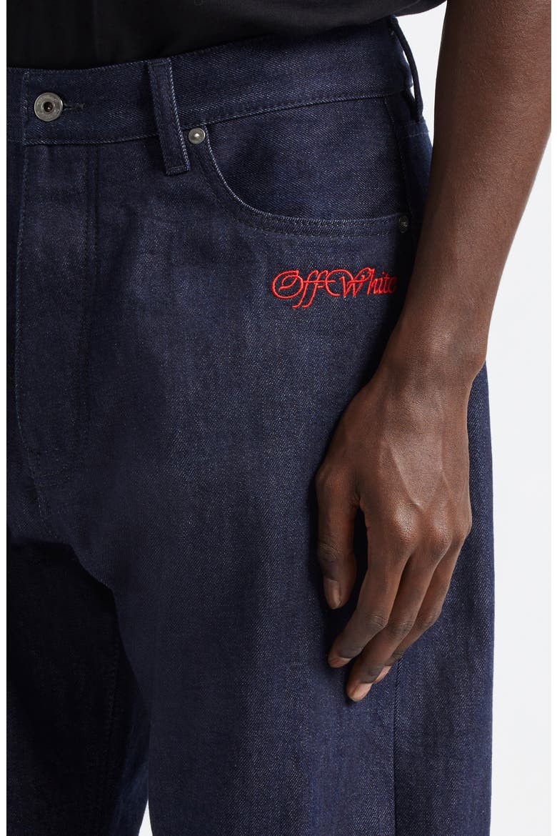 Script Embroidered Logo Skate Straight Leg Jeans, Alternate, color, NAVY BLUE - RED
