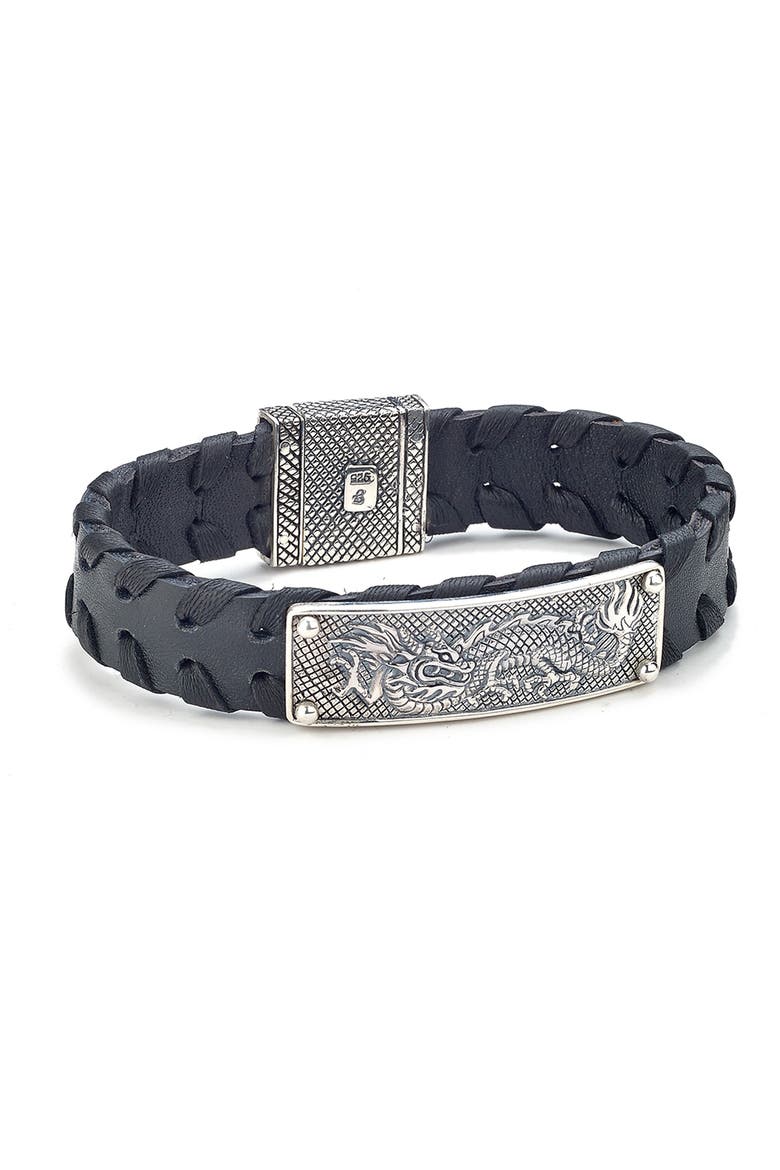 Engraved Dragon Leather Bracelet, Main, color, BLACK