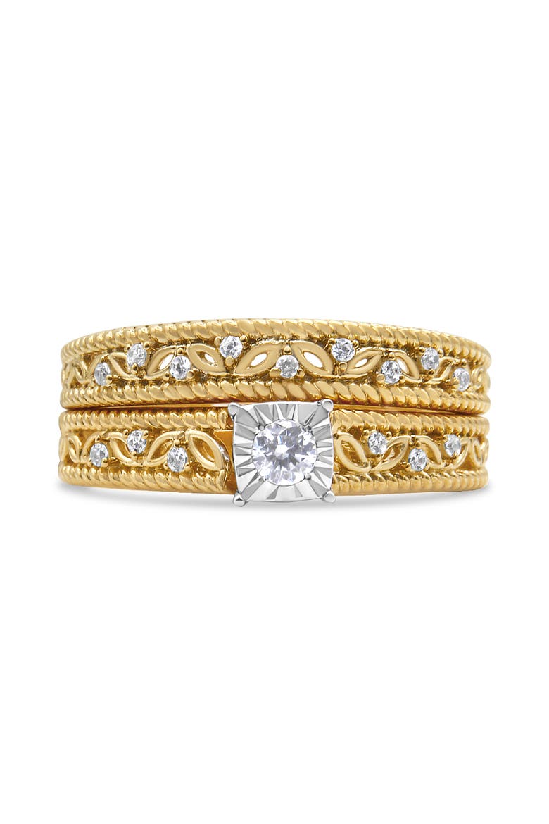 14K Yellow Gold Plated Silver 1/5 Cttw Diamond Art Deco Engagement Ring Bridal Set, Alternate, color, Yellow