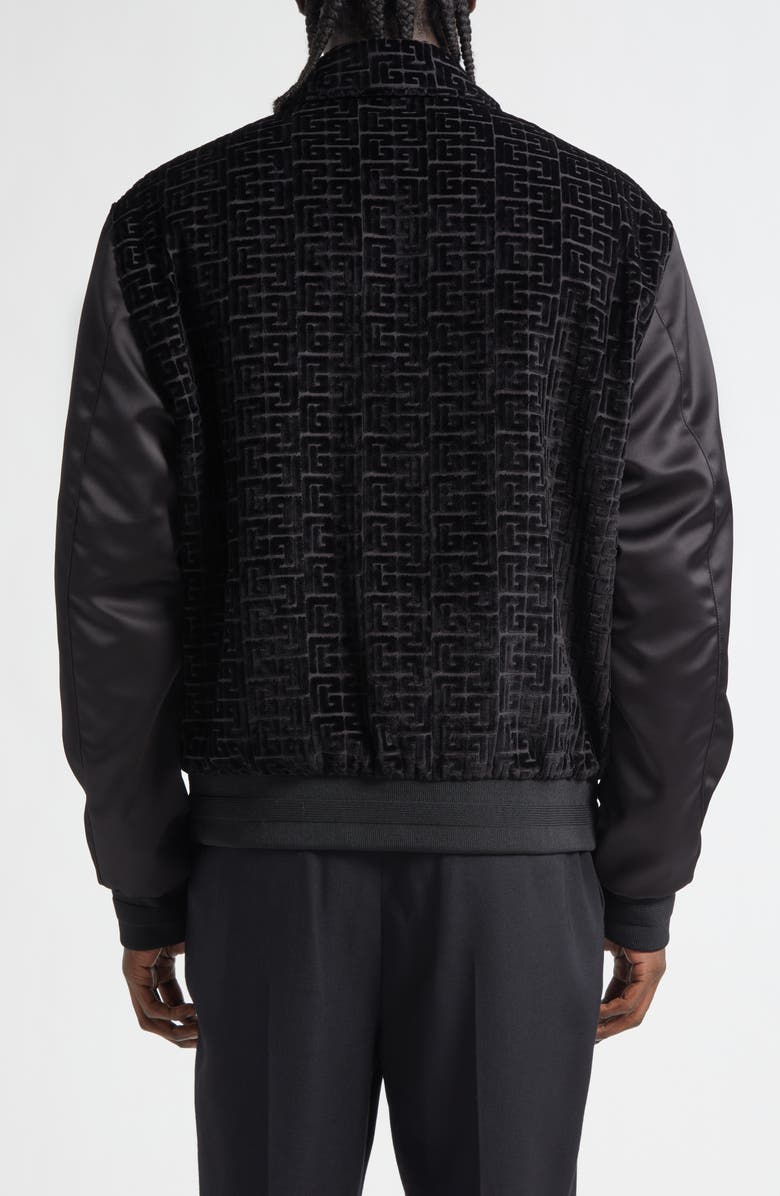 Balmain Monogram Velvet & Satin Bomber Jacket, Alternate, color, Eap Black/ Black