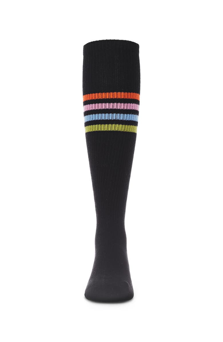 MeMoi Thin Ribbed Athletic Stripe Knee High Socks, Alternate, color, Black