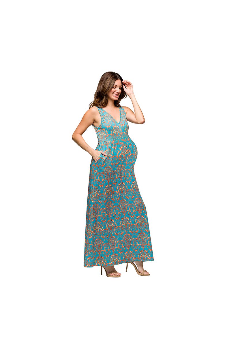 24seven Comfort Apparel Maternity Sky Blue Sleeveless V-Neck Maxi Dress With Pockets, Alternate, color, Blue Multi