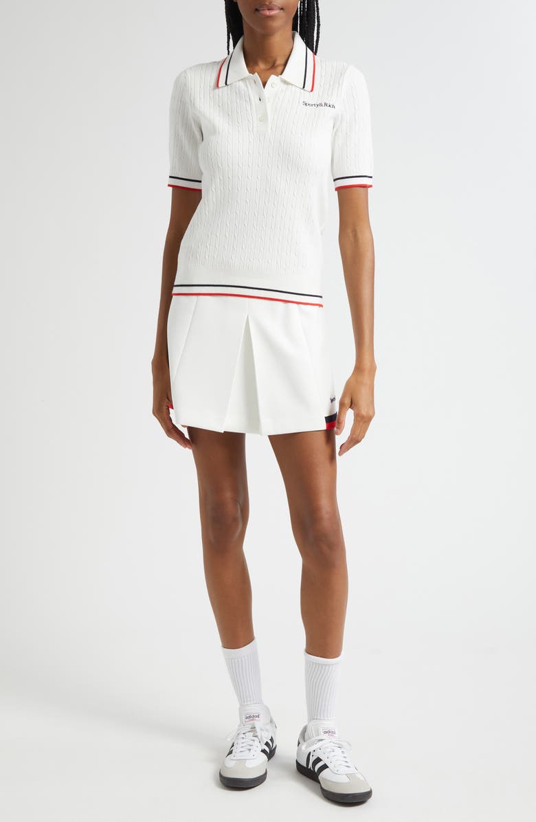 Sporty & Rich Serif Logo Mini Cable Knit Polo, Alternate, color, White/ Dark Navy/ Ruby