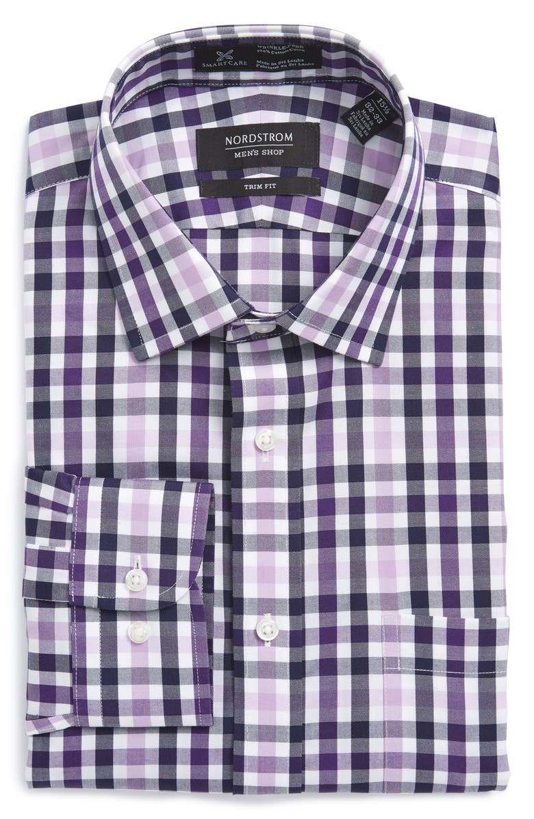 NORDSTROM MEN'S SHOP Smartcare<sup>™</sup> Trim Fit Check Dress Shirt, Alternate, color, Purple Petunia
