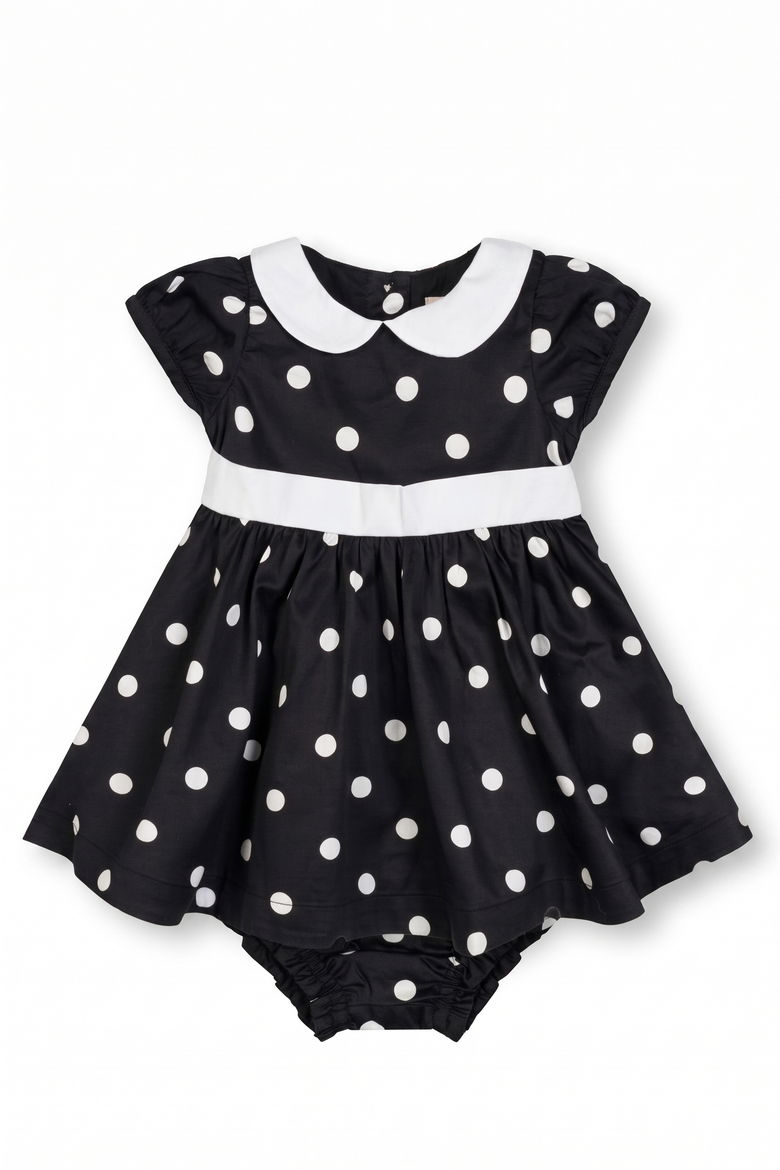Baby Organic Peter Pan Collar Party Dress, Main, color, Black Polka Dot