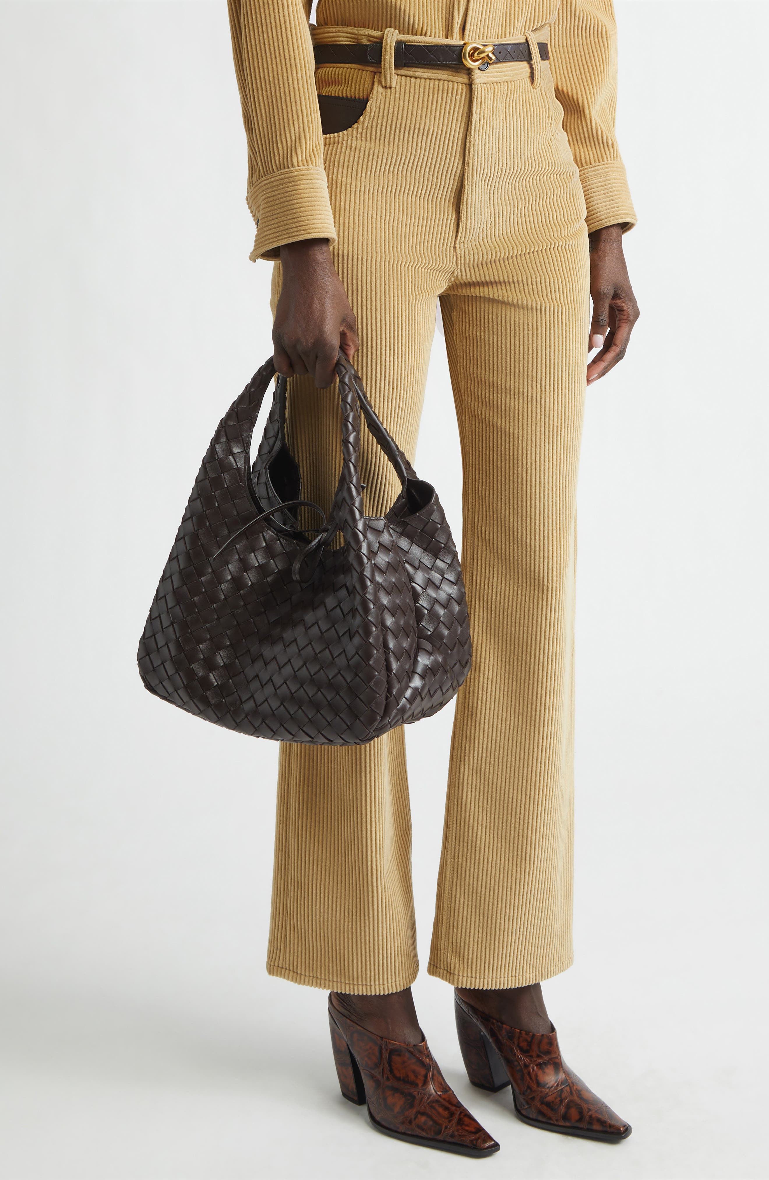 Bottega Veneta Campana Intrecciato Leather Shoulder Bag, Alternate, color, 2190 Fondant-M Brass