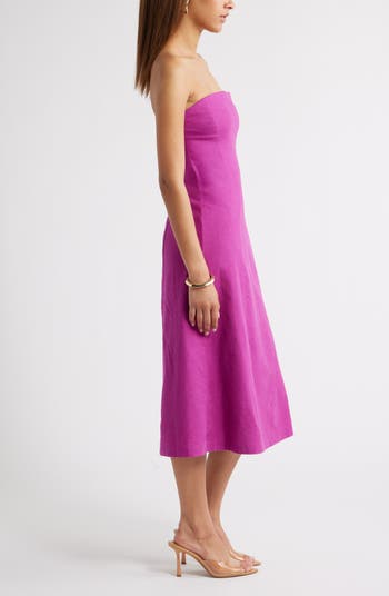 Strapless Linen Blend Midi Dress