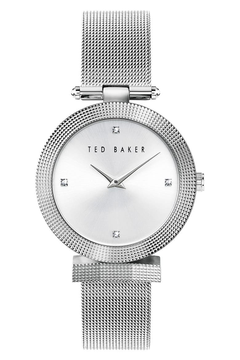 London Bow Mesh Strap Watch, 36mm, Main, color, SILVER