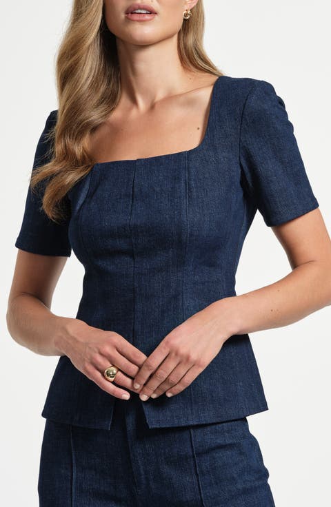 Seamed Square Neck Denim Top