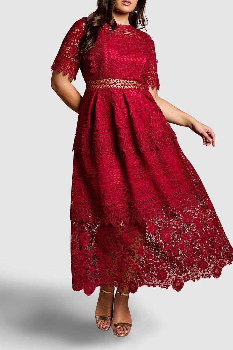 Plus Embroidered Lace Midi Dress, Alternate, color, Berry
