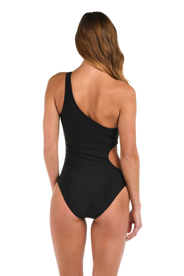 Ava Cutout Chain One-Shoulder One-Piece Swimsuit, Alternate, color, BLACK