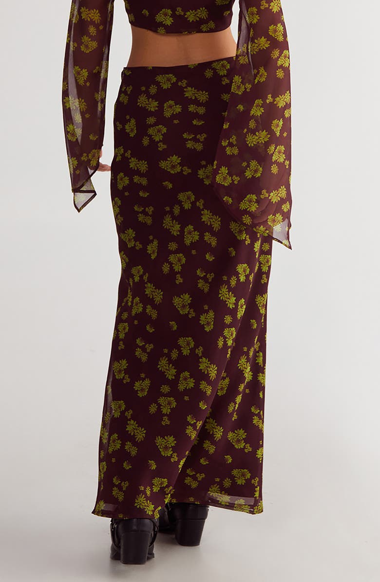 NASTY GAL Ditsy Floral Bias Cut Crinkle Chiffon Maxi Skirt, Alternate, color, Chocolate