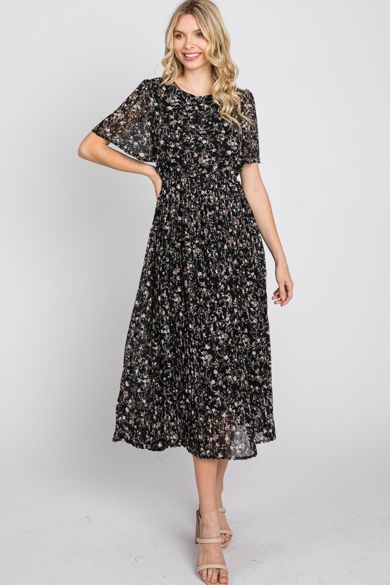 Floral Pleated Chiffon Midi Dress, Alternate, color, Black