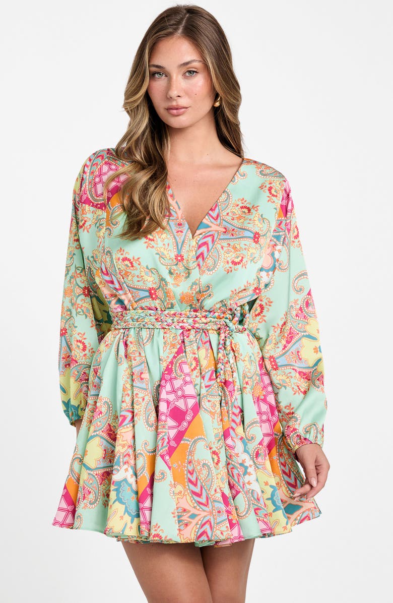 Marciano Grenada Maya Long Sleeve Braided Tie Belt Faux Wrap Minidress, Alternate, color, Grenada Print