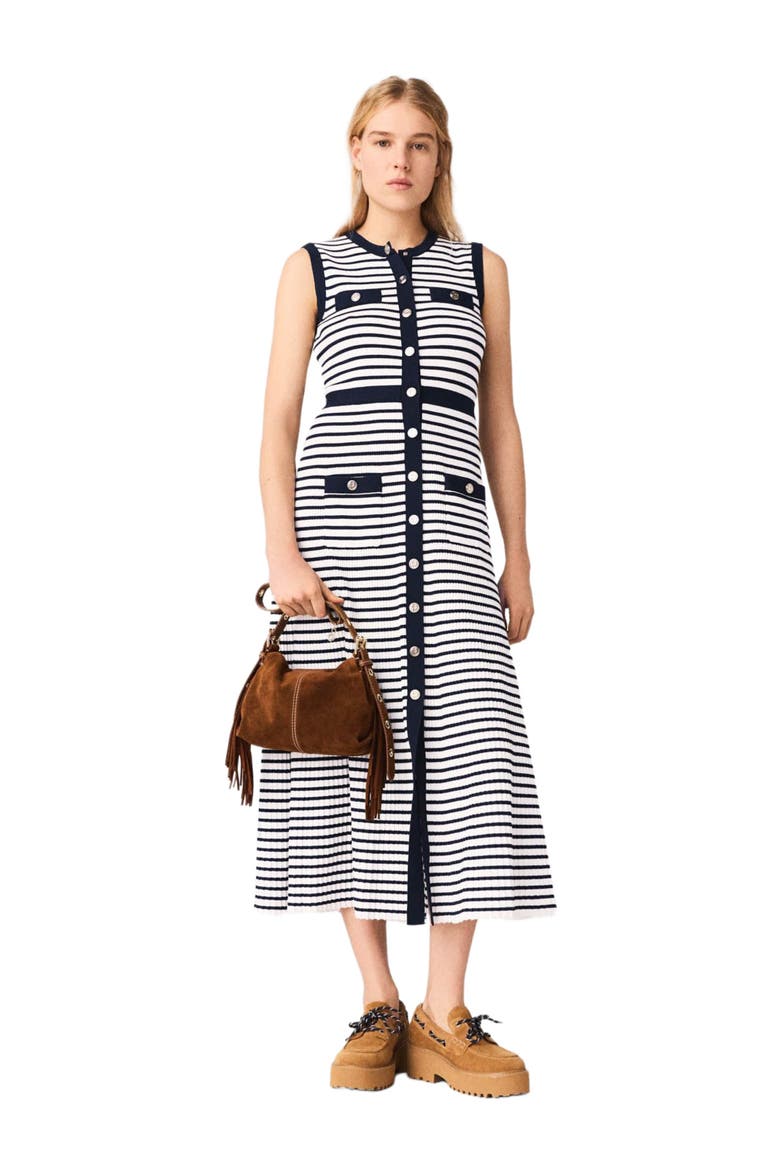 Breton stripe knit maxi dress, Main, color, Ecru/navy blue
