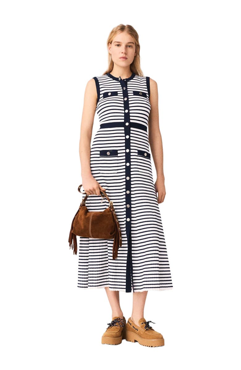 maje Breton stripe knit maxi dress, Main, color, Ecru/Navy Blue