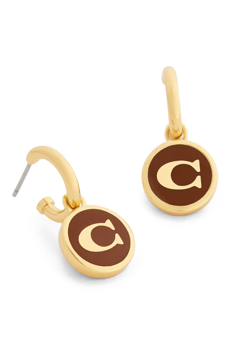 Enamel C Huggie Drop Earrings, Alternate, color, BROWN